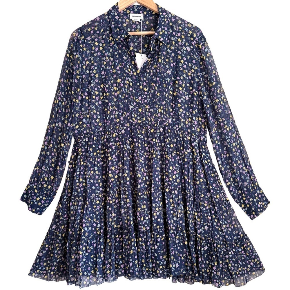 Zadig & Voltaire Lightweight Chiffon Rapidy Crinkle Print Etoiles Dress Sz L NWT - Picture 8 of 11